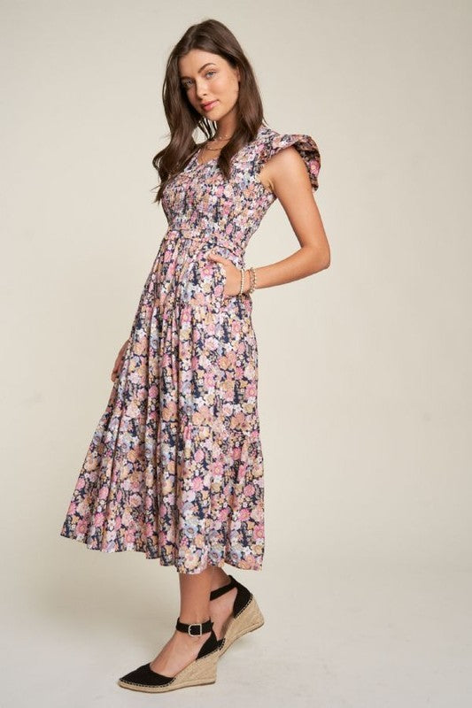 Summer Garden Floral Flutter Smocking Midi Dress