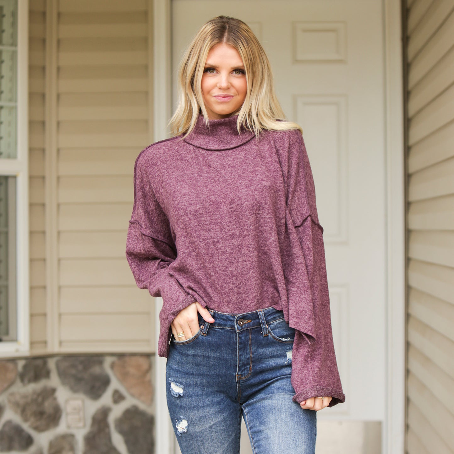 Side Slit Mock Neck Sweater