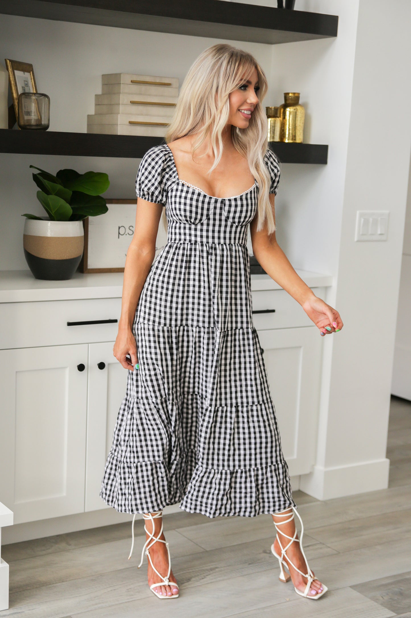 Somewhere to Go Tie Back Gingham Print Dress