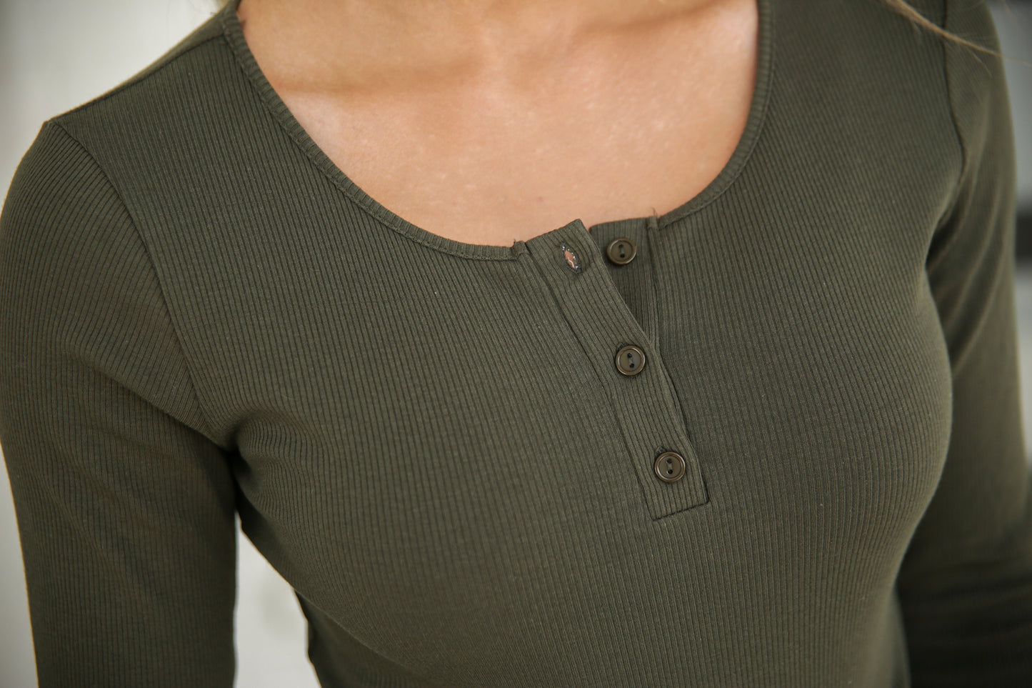 Ribbed Henley Long Sleeve Top